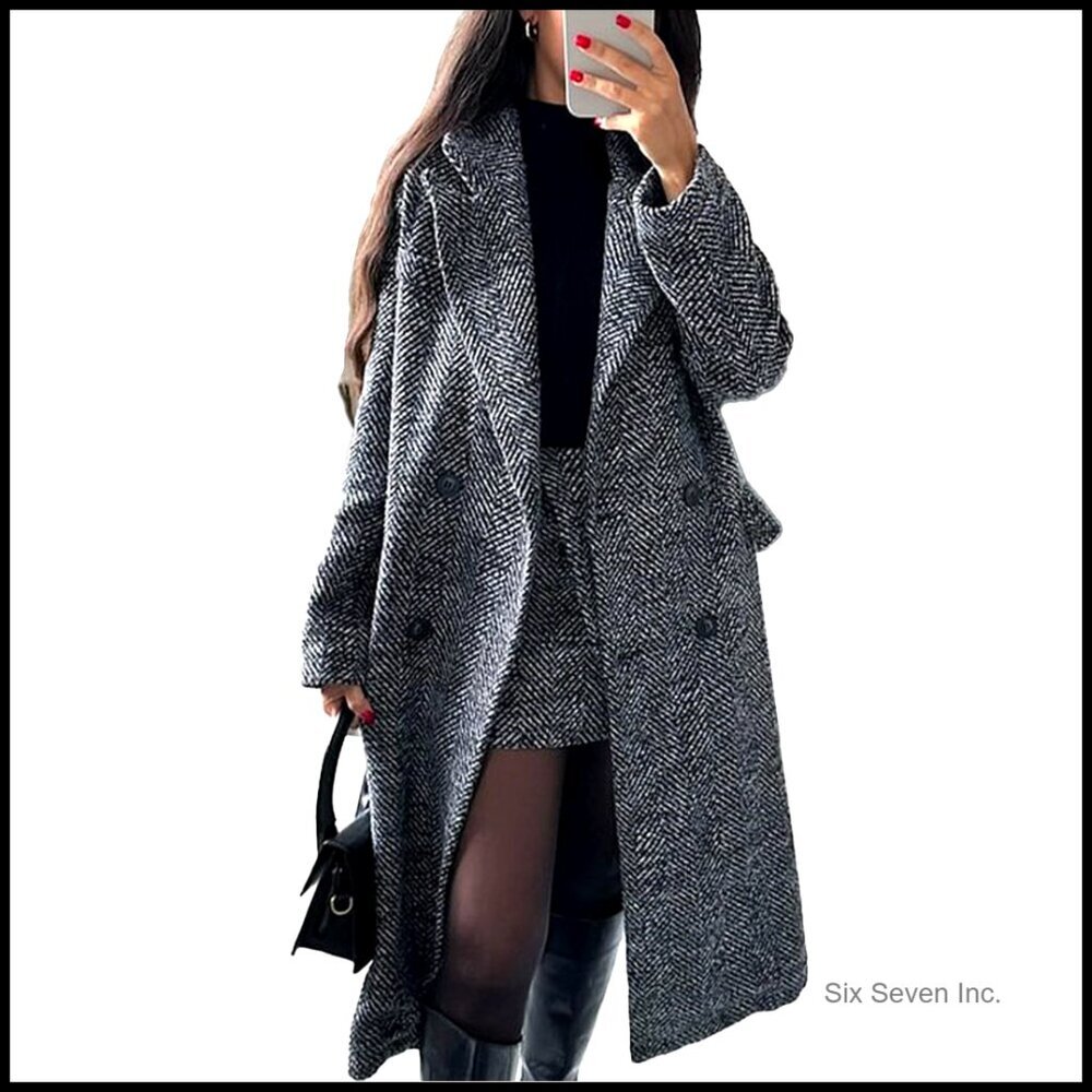 Women's Wool Trench Coat Double Breasted Slim Fit Long Pea Coat